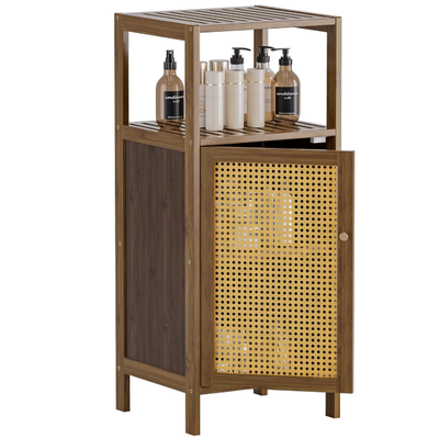 Bamboo Floor Cabinet, Small Bathroom Storage Cabinet with Single Rattan Door, Narrow Side Storage Organizer Unit Freestanding Space Saving Kitchen Cupboard - 13" x 14.4" x 33.66"/ Walnut